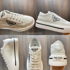 Prada White Nylon Leather Thick Soled Macro Sneakers For Men 