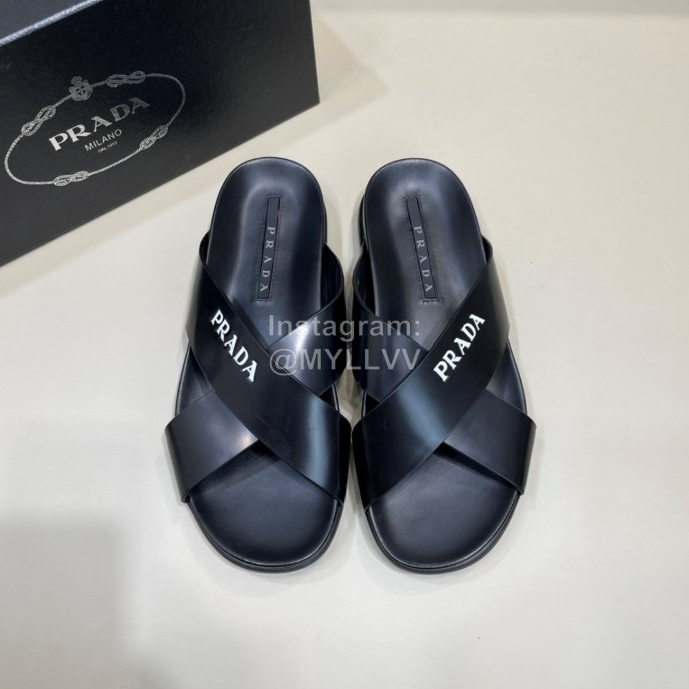 Prada Summer Calf Leather Cross Slippers For Men Black
