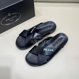 Prada Summer Calf Leather Cross Slippers For Men Black