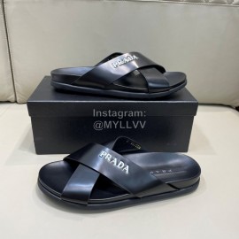 Prada Summer Calf Leather Cross Slippers For Men Black