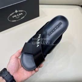 Prada Summer Calf Leather Cross Slippers For Men Black