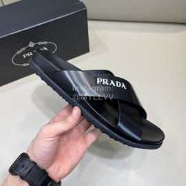 Prada Summer Calf Leather Cross Slippers For Men Black