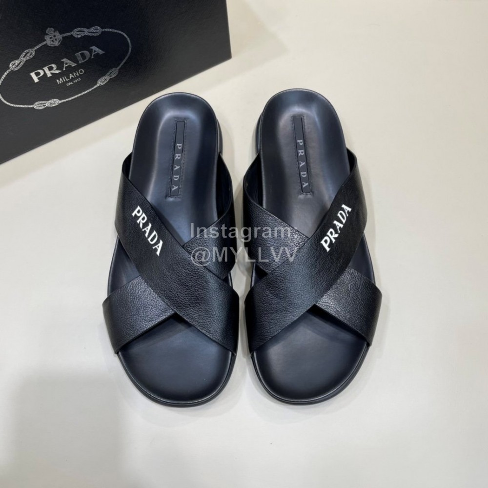Prada Summer Black Calf Leather Cross Slippers For Men