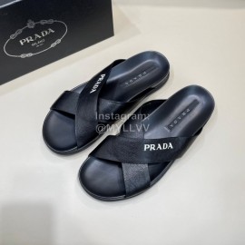 Prada Summer Black Calf Leather Cross Slippers For Men