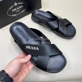 Prada Summer Black Calf Leather Cross Slippers For Men
