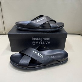 Prada Summer Black Calf Leather Cross Slippers For Men