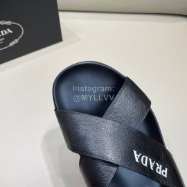 Prada Summer Black Calf Leather Cross Slippers For Men