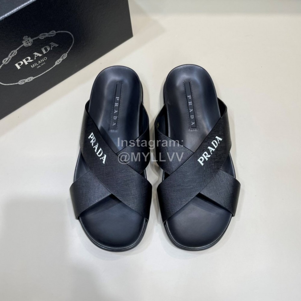 Prada Summer Calf Leather Cross Slippers Black For Men
