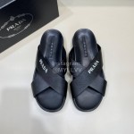 Prada Summer Calf Leather Cross Slippers Black For Men