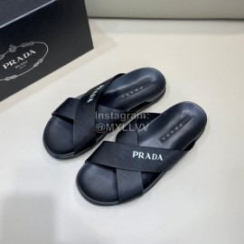 Prada Summer Calf Leather Cross Slippers Black For Men