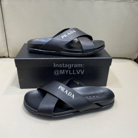Prada Summer Calf Leather Cross Slippers Black For Men