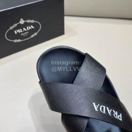 Prada Summer Calf Leather Cross Slippers Black For Men