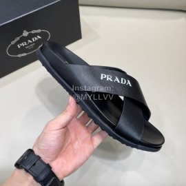 Prada Summer Calf Leather Cross Slippers Black For Men