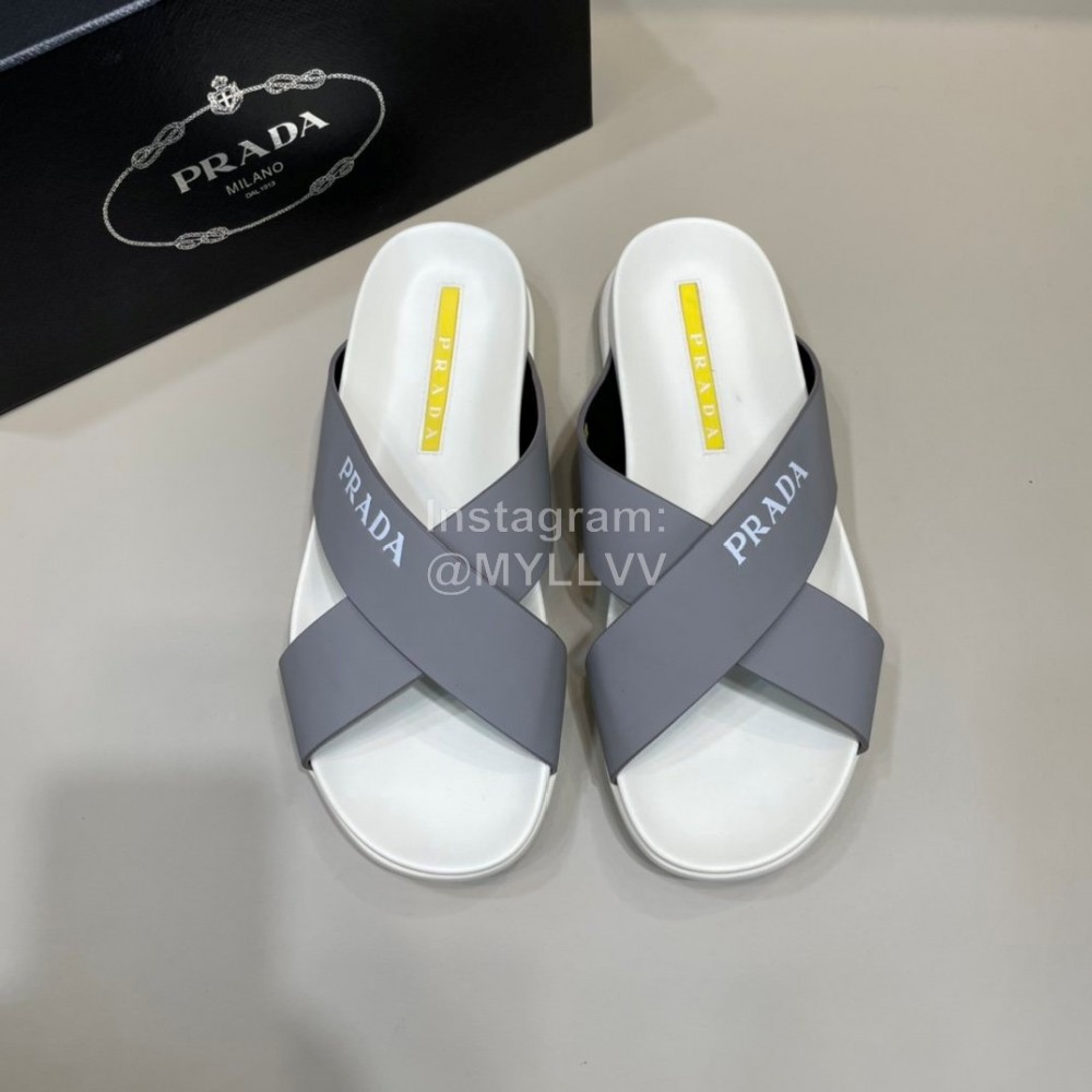 Prada Summer Calf Leather Cross Slippers For Men Gray