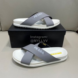 Prada Summer Calf Leather Cross Slippers For Men Gray