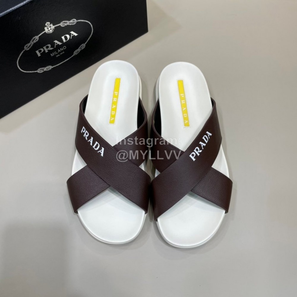 Prada Summer Calf Leather Cross Slippers For Men Brown