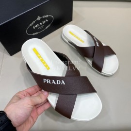 Prada Summer Calf Leather Cross Slippers For Men Brown