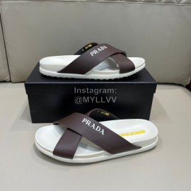 Prada Summer Calf Leather Cross Slippers For Men Brown