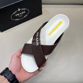 Prada Summer Calf Leather Cross Slippers For Men Brown