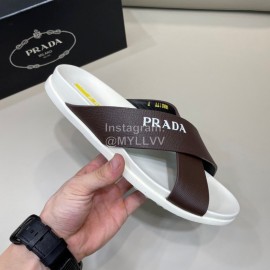 Prada Summer Calf Leather Cross Slippers For Men Brown