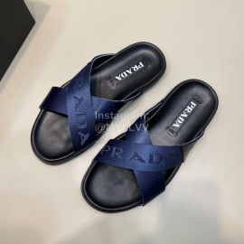 Prada Summer Calf Leather Textile Cross Slippers For Men Blue