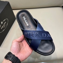 Prada Summer Calf Leather Textile Cross Slippers For Men Blue