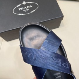 Prada Summer Calf Leather Textile Cross Slippers For Men Blue