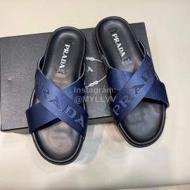 Prada Summer Calf Leather Textile Cross Slippers For Men Blue