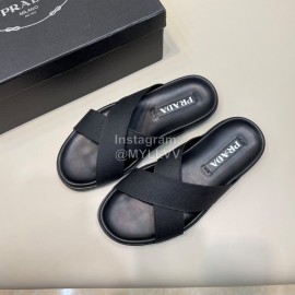 Prada Summer Calf Leather Textile Cross Slippers For Men Black