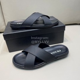 Prada Summer Calf Leather Textile Cross Slippers For Men Black