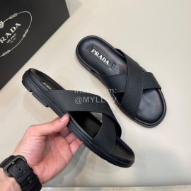 Prada Summer Calf Leather Textile Cross Slippers For Men Black