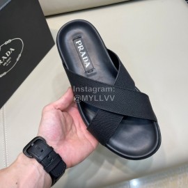 Prada Summer Calf Leather Textile Cross Slippers For Men Black
