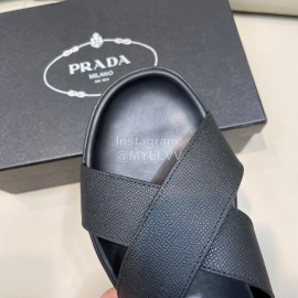 Prada Summer Calf Leather Textile Cross Slippers For Men Black