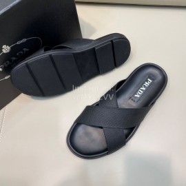 Prada Summer Calf Leather Textile Cross Slippers For Men Black