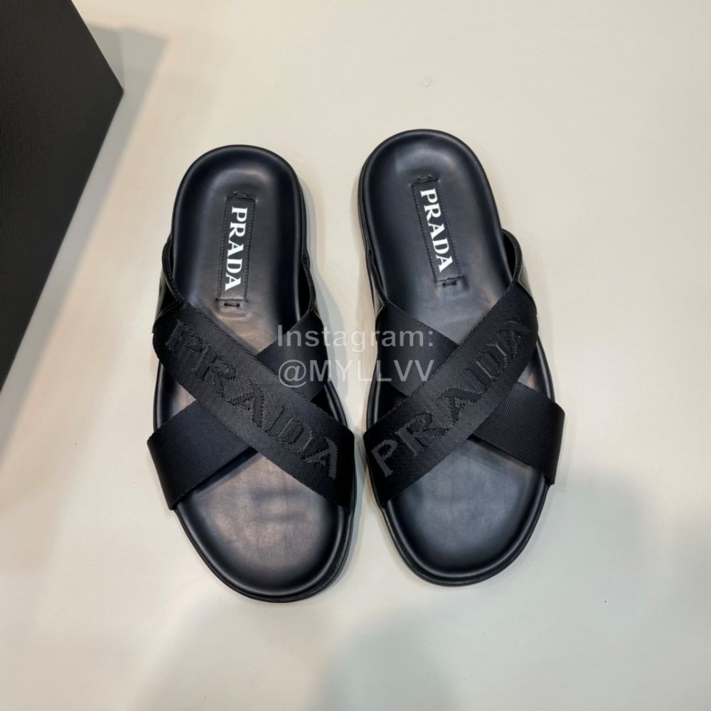 Prada Summer Calf Leather Textile Cross Slippers For Men 