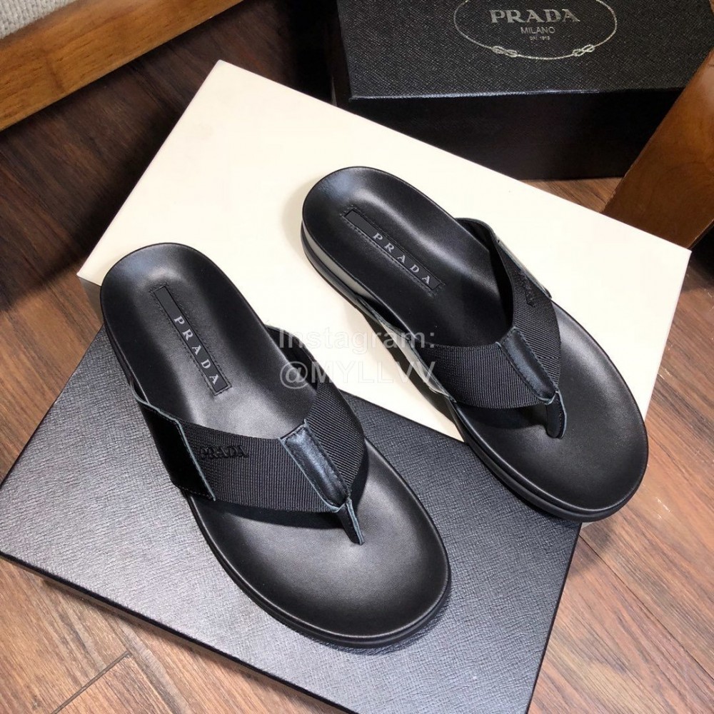 Prada Fashion Leather Webbing Flip Flops For Men Black