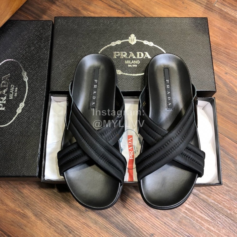 Prada Fashion Cowhide Cross Slippers For Men Black
