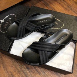 Prada Fashion Cowhide Cross Slippers For Men Black