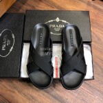 Prada Fashion Cowhide Webbing Cross Slippers For Men Black