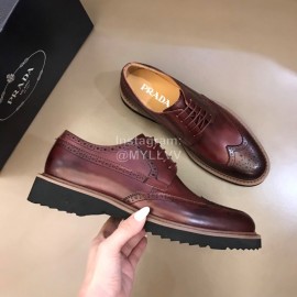 Prada Carved Leather Lace Up Shoes For Men Reddish Brown
