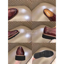Prada Carved Leather Lace Up Shoes For Men Reddish Brown