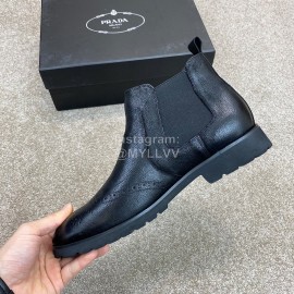 Prada Black Leather Elastic Cloth Plush Short Boots For Men 