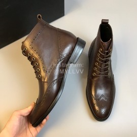 Prada Calf Leather Lace Up Short Boots For Men Coffee