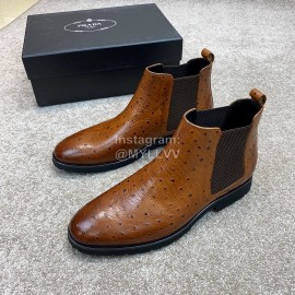Prada Cowhide Elastic Cloth Short Boots For Men Brown