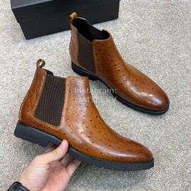 Prada Cowhide Elastic Cloth Short Boots For Men Brown