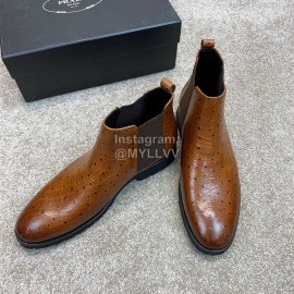 Prada Cowhide Elastic Cloth Short Boots For Men Brown