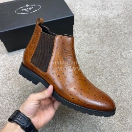 Prada Cowhide Elastic Cloth Short Boots For Men Brown