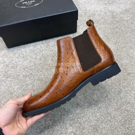 Prada Cowhide Elastic Cloth Short Boots For Men Brown
