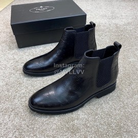 Prada Cowhide Elastic Cloth Short Boots For Men Black