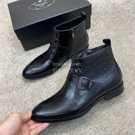 Prada Black Leather Zipper Short Boots For Men 